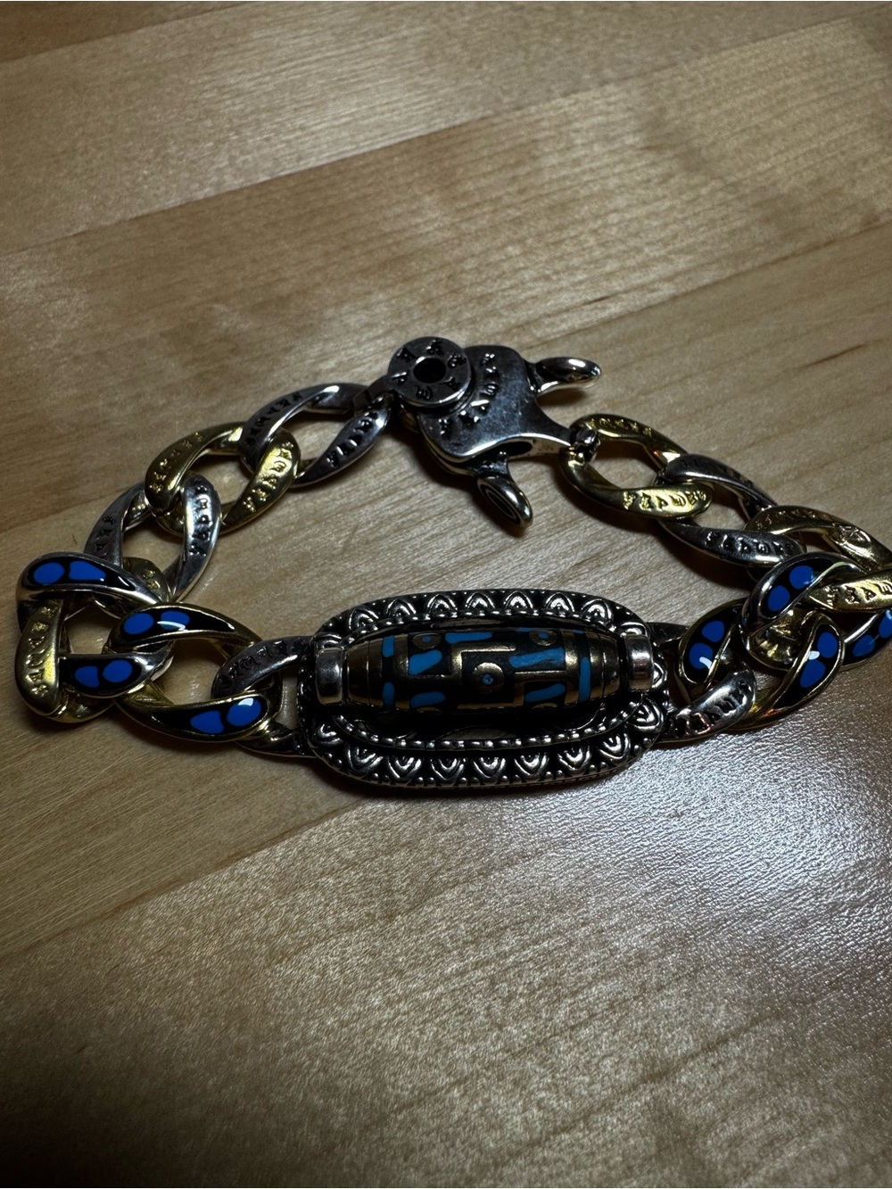 Blue and Gold Women's Link Bracelet with Enamel Accents